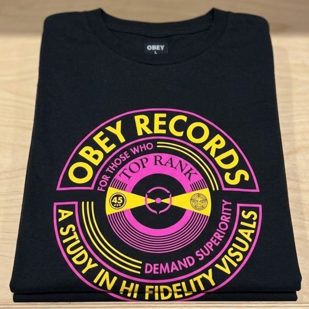OBEY Records Graphic Tee Men XL Black Streetwear Shepard Fairey Hi-Fi